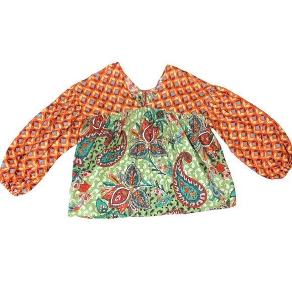 BUCKET LIST Cotton Top Mixed Pattern Paisley BOHO Peasant V-Neck Top S #312D - Picture 2 of 7